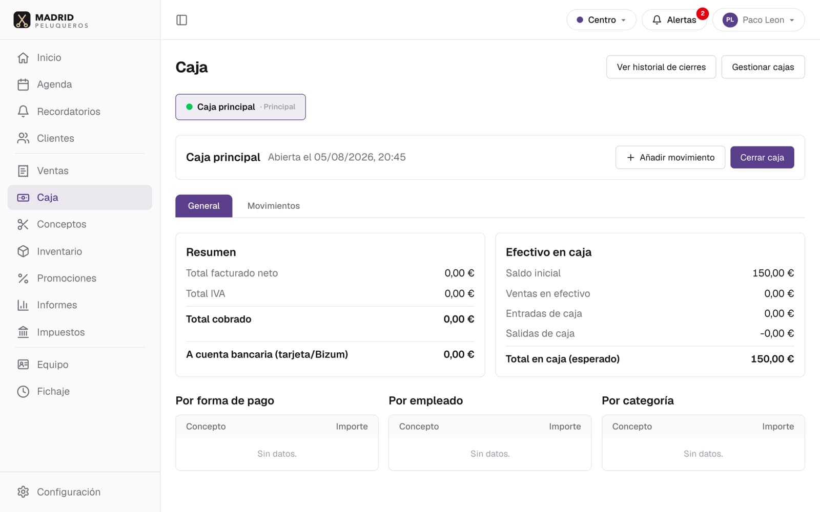 Caja de HairOS: sesiones diarias con importe esperado, contado y descuadre