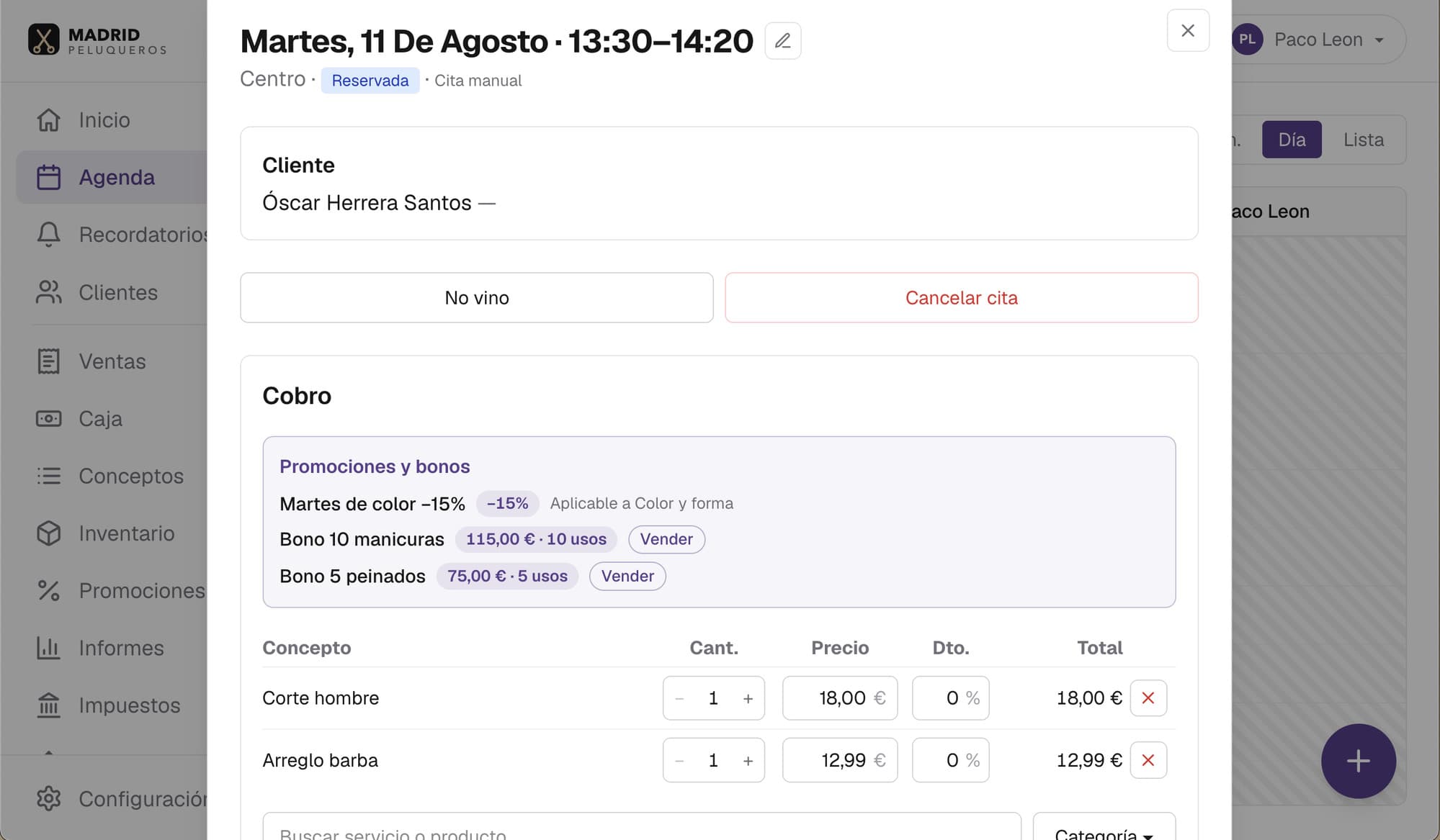 Cobro desde la cita en HairOS: servicios en un ticket con promociones y bonos ofrecidos solos
