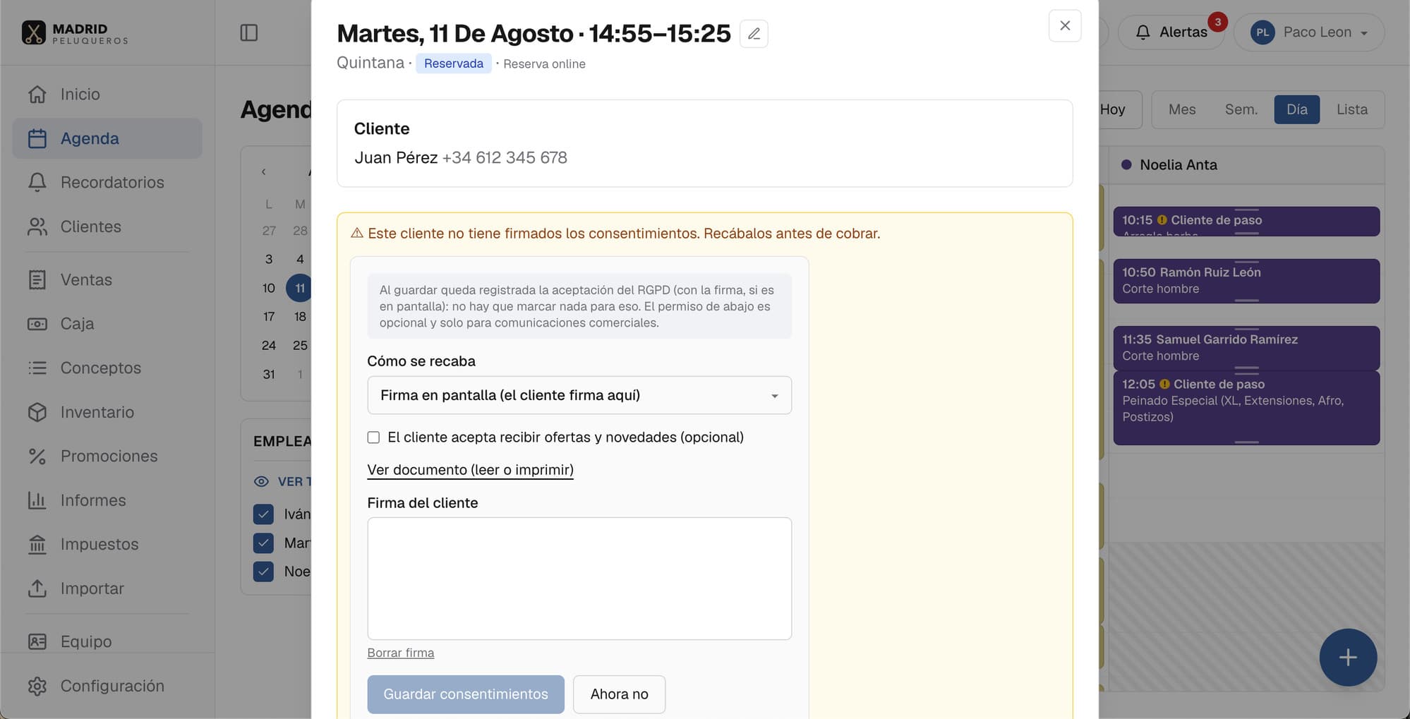 Consentimientos RGPD en HairOS: firma en pantalla del cliente durante el propio cobro