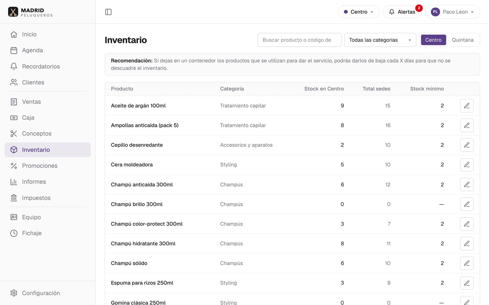 Inventario de HairOS: stock por ubicación con mínimo, categorías y búsqueda