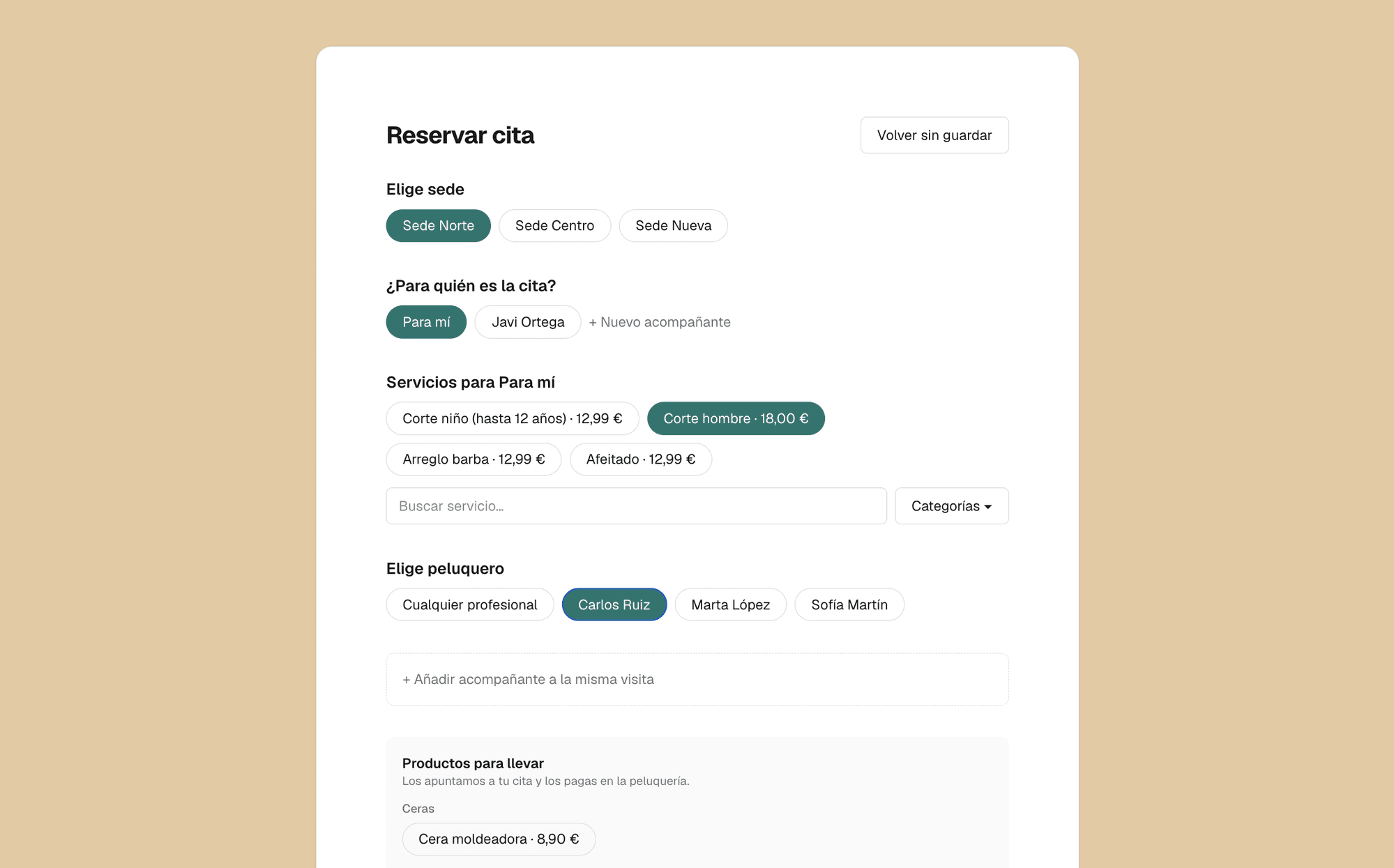 Página de reservas de HairOS: el cliente elige ubicación, servicio, profesional y productos para llevar