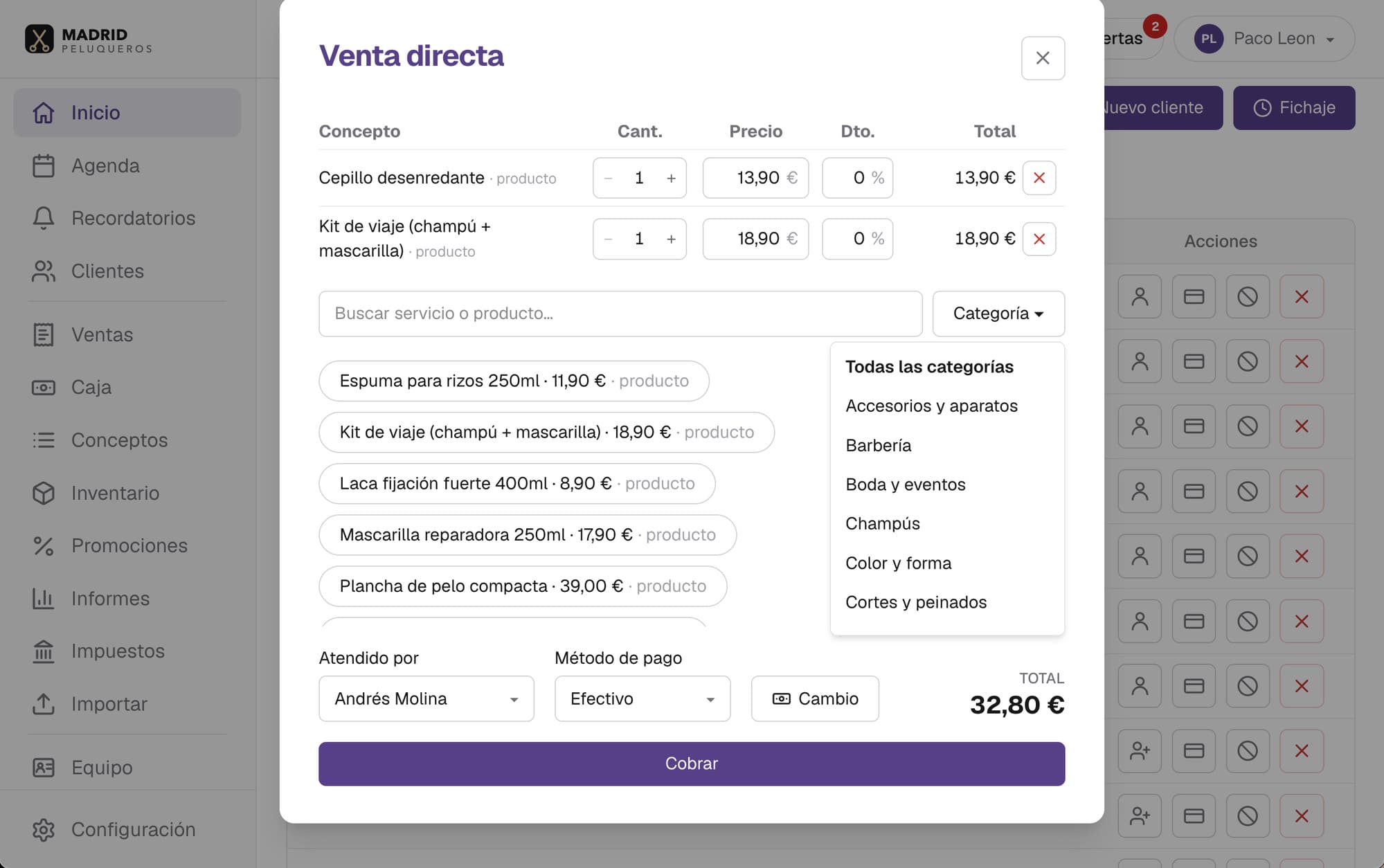 Venta directa en HairOS: productos en un ticket con búsqueda por categorías y cobro en efectivo o tarjeta