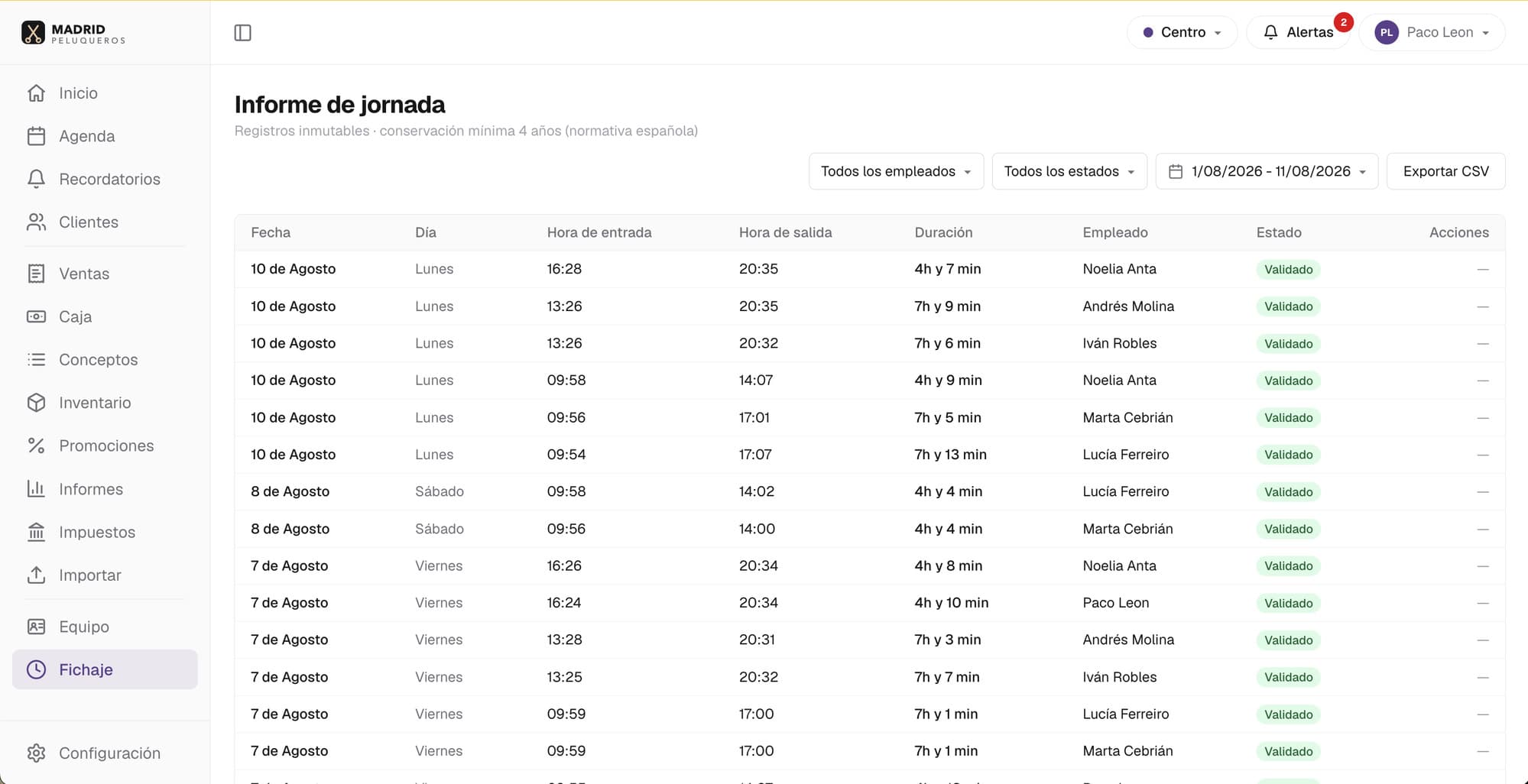 Informe de jornada de HairOS: entradas, salidas y duración por empleado, con exportación a CSV