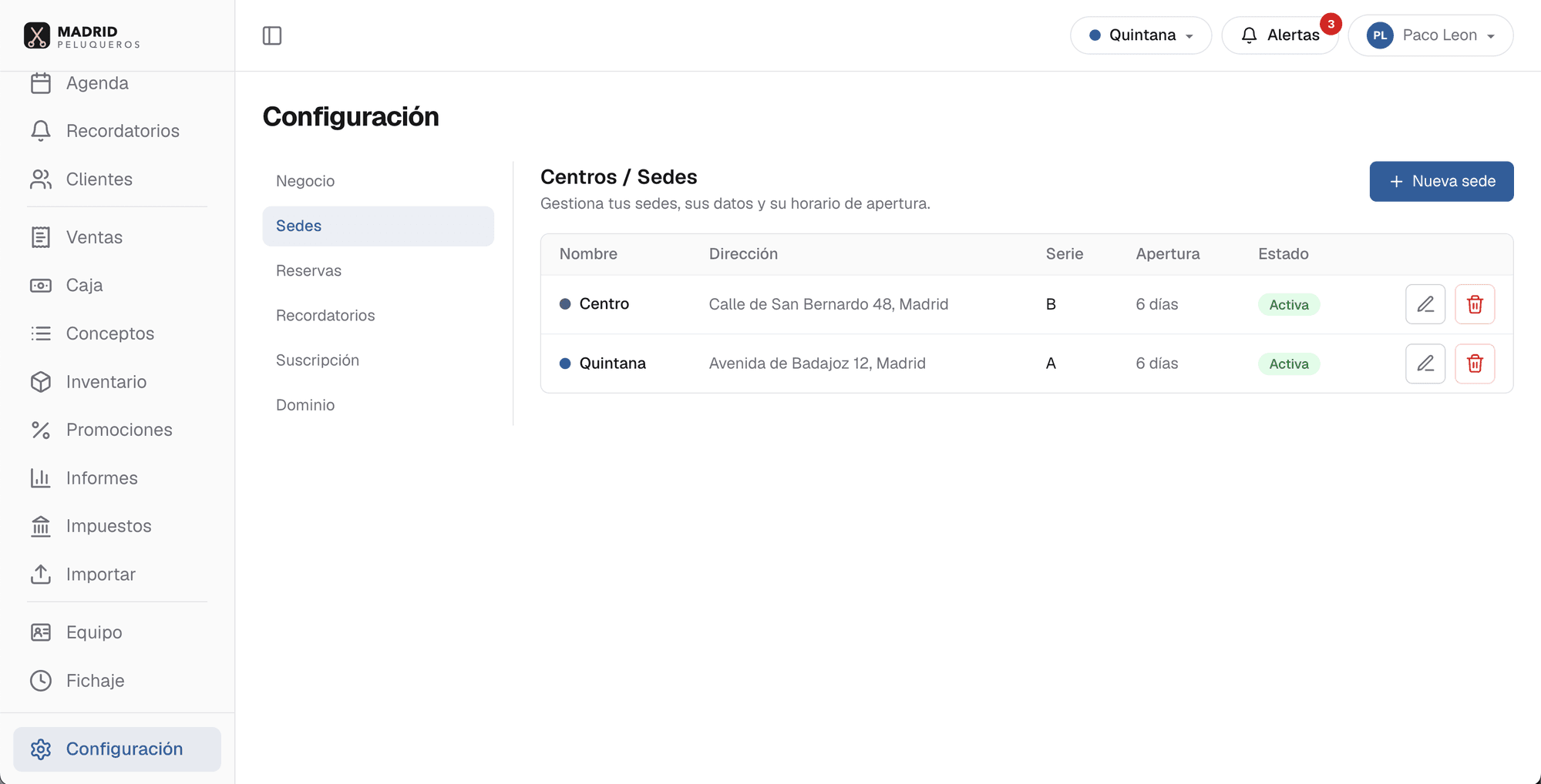 Ubicaciones en HairOS: cada local con su dirección, su serie de facturación y su horario de apertura